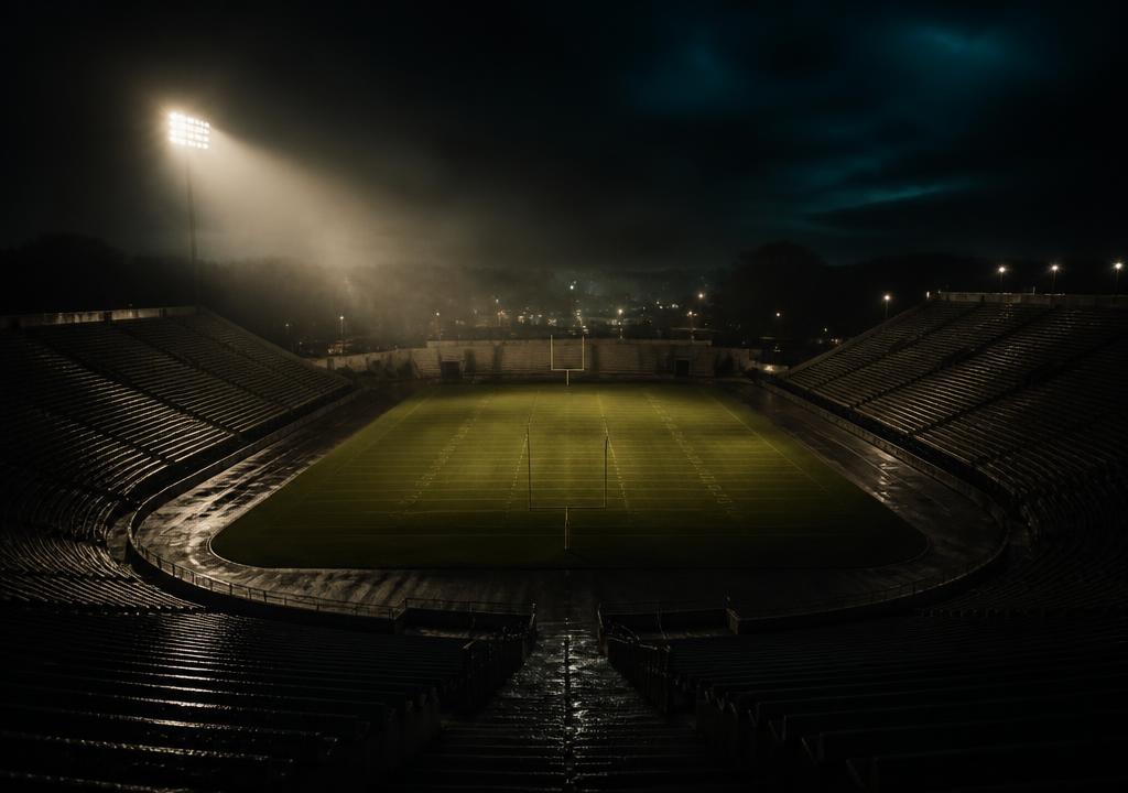 Empty floodlit NFL stadium at dusk